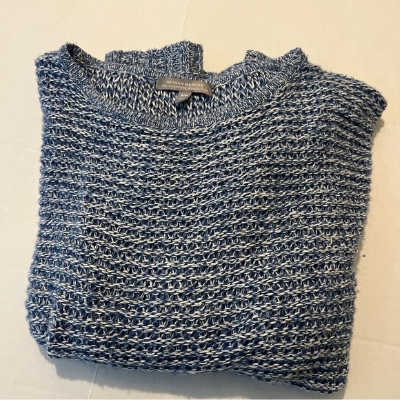 Neiman Marcus Blue White Loose Knit Women's Pancho Sweater Linen Cashmere S/M - Picture 8 of 16
